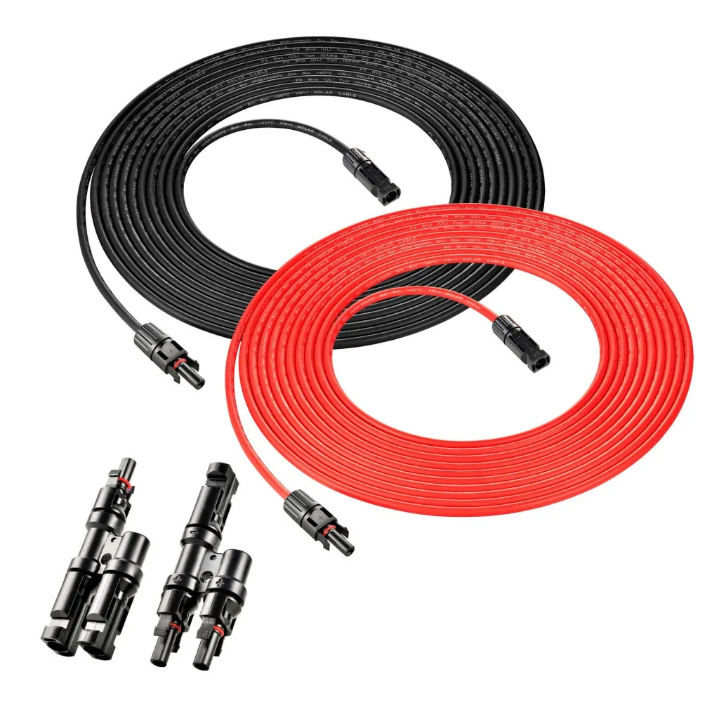 10 Gauge Solar Panel Extension Cable with Male and Female Solar Connector Ends and Parallel Connectors | Pair of 10AWG Red and Black Extension Wire and Parallel Connectors | Choose Cable Length: 30ft,