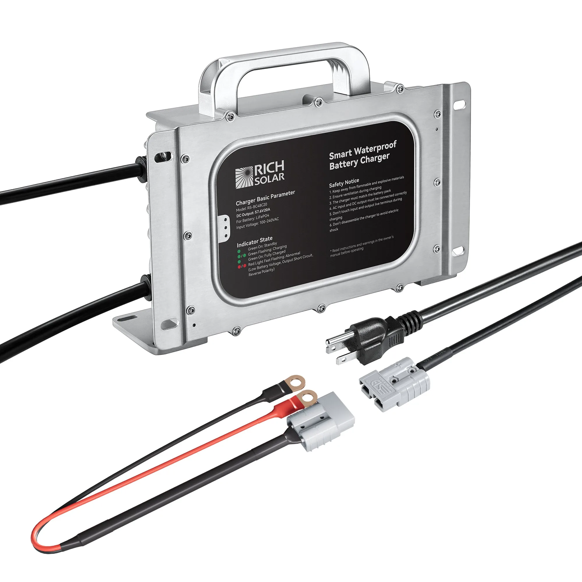 48V (57.6V) Waterproof LiFePO4 Charger | 20A / 25A,  100-240V AC, 8-in-1 Protection, Fan-Cooled
